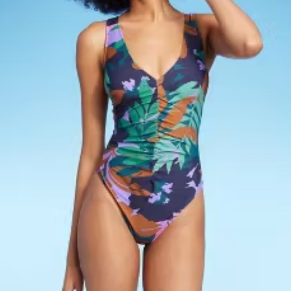 Shade & Shore One Piece Swimsuit Tropical Print Ruched Front Size S